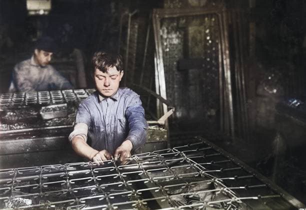 Young Boy linking Bed Springs, Boston, Massachusetts, USA, Lewis Hine, 1917  Copyright: xCircaxImagesx ghi-circa01327