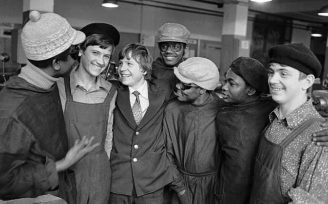MOSCOW, USSR. November 1, 1978. The school also gives working qualifications to students from Angola: Igor Lotsmanov, Mateusz Netto, Nikolay Zagudayev, Karmu Almeida, Paulo Jinga, Desilva Netto, Alexander Khatskevich (L-R). Valentin Kuzmin TASS  18727055