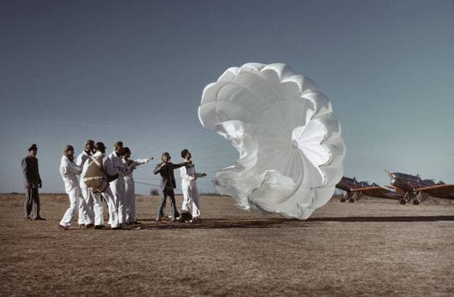 Instructor explaining operation of Parachute to Student Pilots, Meacham Field, Fort Worth, Texas, USA, Arthur Rothstein, U.S. Farm Security Administration, January 1942  Copyright: xCircaxImagesx ghi-circa01598