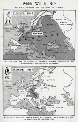 Two rival designs for the Map of Europe, WW1 Two rival designs for the Map of Europe at the start of the First World War. Above: a new map as probably already designed by the Hohenzollern map specialist in Berlin, in which Germany has a vastly expanded territory. Below: an alternative design in which Russia is expanded westwards and a small German region named Ultimania is left. Date: August 1914  Copyright: Copyrightx(c)Geminix2023.xCredit:xGemini 10640438