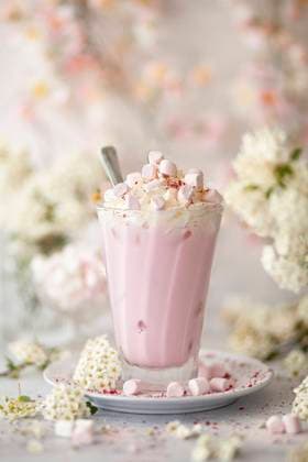 A pink hot chocolate drink served over ice and topped with whipped cream and marshmallows. A pink hot chocolate drink served over ice and topped with whipped cream and marshmallows. Copyright: xJanexCouplandx JS240723-9