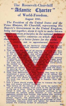 WWII - Buy War Bonds - First Day Cover The Roosevelt-Churchill Atlantic Charter of World Freedom - August 1941 - surplanted with a large red V for Victory. Date: 1941  Copyright: Copyrightx(c)Geminix2023.xCredit:xGemini 10693527