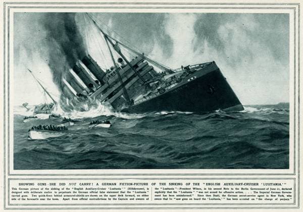 German s showing guns on the Lusitania 1915 The sinking of the Cunard ocean liner RMS Lusitania occurred on 7 May 1915 during the First World War, by a German U-boat, hitting the Lusitania twice with torpedoes, sinking within 18 minutes, killing 1198 passengers. Germany released a false statement that the Lusitania carried guns, with two quick-fires behind armoured-shields are shown on the upper deck forward, on either side of the forecastle near bows. Date: 7 May 1915  Copyright: Copyrightx(c)Geminix2023.xCredit:xGemini 10699034