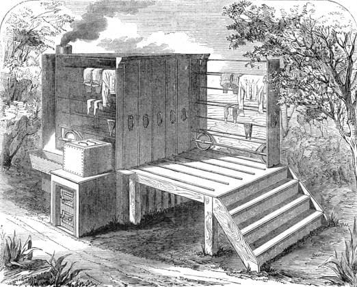 Jeakes Drying Closet A portable clothes drying closet which was to be sent to the Crimea, for use in the hospital in Scutari. The manufacture of the closet by William Jeakes, of Bloomsbury, was funded by philanthropist Angela Burdett-Coutts, who also sent an engineer to accompany the closet to Scutari. It was apparently capable of drying 1000 articles of linen in twenty-five minutes, and also incorporated a washing trough and wringing machine. Date: 1855  Copyright: Copyrightx(c)Geminix2023.xCredit:xGemini 10720119