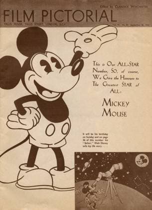 Cover of Film Pictorial - September 1933 - Mickey Mouse Cover of Film Pictorial ( All Star Souvenir Number ) of September 30th 1933 featuring Mickey Mouse. Disney Copyright - essential to credit the copyright holder on any reproduction Date: 1933  Copyright: Copyrightx(c)Geminix2023.xCredit:xGemini 10822702