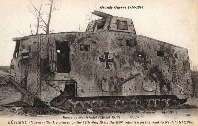 Disabled German Tank - WWI - Betheny (Marne) Disabled German Tank - WWI - Betheny (Marne) - captured on 29th May 1918 by the 100th Infantry Regiment on the Road to Neufchatel. Date: 1918  Copyright: Copyrightx(c)Geminix2023.xCredit:xGemini 10826118