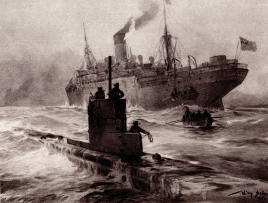 WW1 - German U-21 sinks SS Linda Blanche in the Irish Sea WW1 - German U-Boat U-21 ( Otto Hersing ), sinks the British steamer SS Linda Blanche in the Irish Sea on the 30th January 1915. The steamer was bound from Manchester to Belfast when the U-21 rose and came alongside her. Captain Ellis, her skipper, was required to go on board the submarine with his ship s papers. In the meantime, Germans handed cigars and cigarettes to the British crew. The latter were given 10 minutes to collect their belongings and take to the boats. Four Germans boarded the steamer, and placed two explosive shells which blew up Linda Blanche , and sank her. The crew rowed to a trawler, which took them to Fleetwood. Date: 1915  Copyright: Copyrightx(c)Geminix2023.xCredit:xGemini 10944063