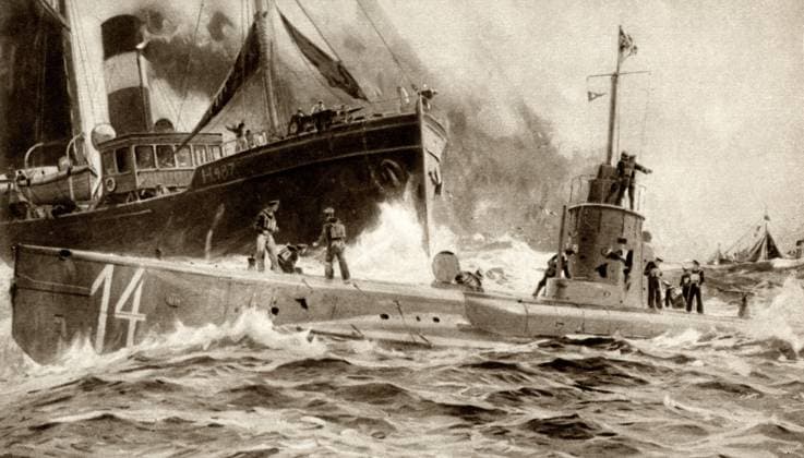 WW1 - U-14 rammed by British steam trawler, the Oceanic II WW1 - SM U-14 was one of the 329 submarines serving in the Imperial German Navy in World War I. On the 5th June 1915, U-14 was disabled by gunfire from armed British trawler, Oceanic II, and sunk off Peterhead at position. Date: 1915  Copyright: Copyrightx(c)Geminix2023.xCredit:xGemini 10944065