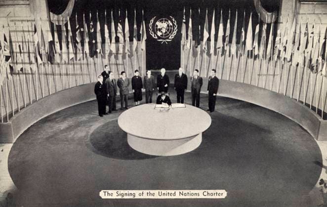 The Signing of the United Nations Charter, San Francisco The Signing of the United Nations Charter, San Francisco on 26th June, 1945 Date: 1945  Copyright: Copyrightx(c)Geminix2023.xCredit:xGemini 11037670