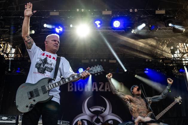 Evan Seinfeld, right, and Billy Graziadei of US music band Biohazard performs during the Brutal Assault music festival focused on metal, on August 10, 2023, at the Josefov Fortress in Jaromer, Czech Republic. (CTKxPhoto DavidxTanecek) CTKPhotoP2023081007022  CTKPhotoP2023081007022