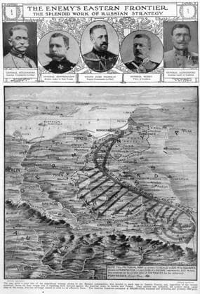 WW1 - The Enemy s Eastern Frontier - 1914 WW1 - The Enemy s Eastern Frontier - The Splendid work of Russian Strategy. Pictorial map showing the strategy of Russian Commanders, directing their forces primarily against the Austrian Army in Galicia and Poland. The defeats (and retreat) in Eastern Prussia are somewhat brushed aside... Date: 1914  Copyright: Copyrightx(c)Geminix2023.xCredit:xGemini 12152588