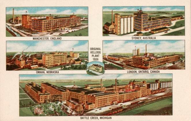 Kellogg s Co Plants - Corn Flakes Promotional postcard Kellogg s Company Plants - Corn Flakes Promotional postcard - The Manchester Factory opened in 1938 Date: circa 1940  Copyright: Copyrightx(c)Geminix2023.xCredit:xGemini 12586860