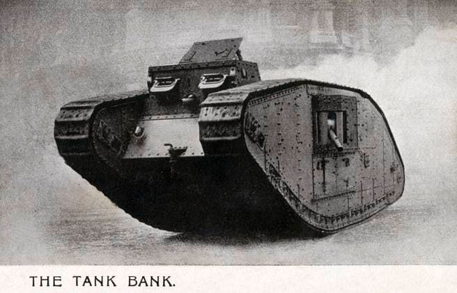 WW1 - The Tank Bank - National War Bonds WW1 - The tank Egbert which visited Wimbledon on March 14, 1918 to encourage people of visit The Tank Bank and invest in National War Bonds during a Feed the Guns campaign week. Date: 1918  Copyright: Copyrightx(c)Geminix2023.xCredit:xGemini 13791327