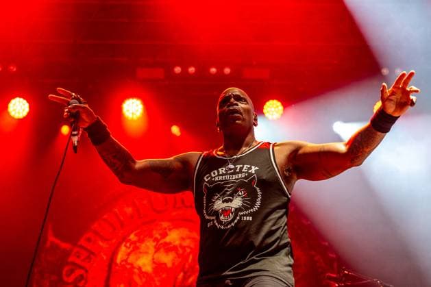 Derrick Green of Brazil music group Sepultura performs during the Brutal Assault music festival focused on metal, on August 10, 2023, at the Josefov Fortress in Jaromer, Czech Republic. (CTKxPhoto DavidxTanecek) CTKPhotoP2023081008236  CTKPhotoP2023081008236