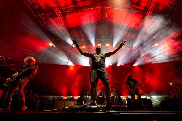 (L-R) Paulo Jr., Derrick Green and Andreas Kisser of Brazil music group Sepultura perform during the Brutal Assault music festival focused on metal, on August 10, 2023, at the Josefov Fortress in Jaromer, Czech Republic. (CTKxPhoto DavidxTanecek) CTKPhotoP2023081008240  CTKPhotoP2023081008240