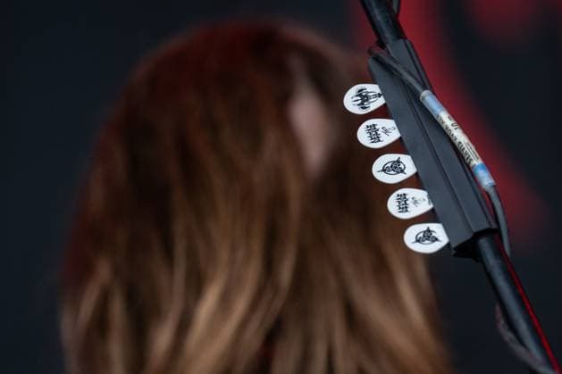 Guitar picks on the microphone are seen during the performance of American music band Deicide within the final day of the Brutal Assault music festival focused on metal, on August 12, 2023, at the Josefov Fortress in Jaromer, Czech Republic. (CTKxPhoto DavidxTanecek) CTKPhotoP2023081205222  CTKPhotoP2023081205222