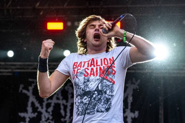Mark Greenway, singer of British-American music band Napalm Death, performs during the final day of the Brutal Assault music festival focused on metal, on August 12, 2023, at the Josefov Fortress in Jaromer, Czech Republic. (CTKxPhoto DavidxTanecek) CTKPhotoP2023081206026  CTKPhotoP2023081206026
