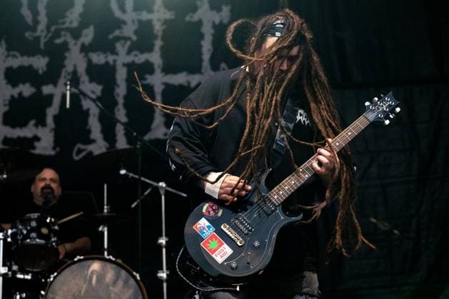 Guitarist Mitch Harris of British-American music band Napalm Death performs during the final day of the Brutal Assault music festival focused on metal, on August 12, 2023, at the Josefov Fortress in Jaromer, Czech Republic. (CTKxPhoto DavidxTanecek) CTKPhotoP2023081206035  CTKPhotoP2023081206035