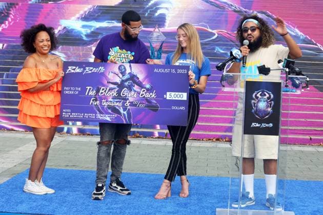 PHILADELPHIA, PA: AUGUST 15: Warner Bros. Pictures, DC Comics and Philadelphia Film Society Present the Blue Beetle Hero Award for service to the Philadelphia community to The Block Gives Back at Philadelphia Museum of Art in Philadelphia, Pennsylvania on August 15, 2023. Copyright: xStarxShooterx
