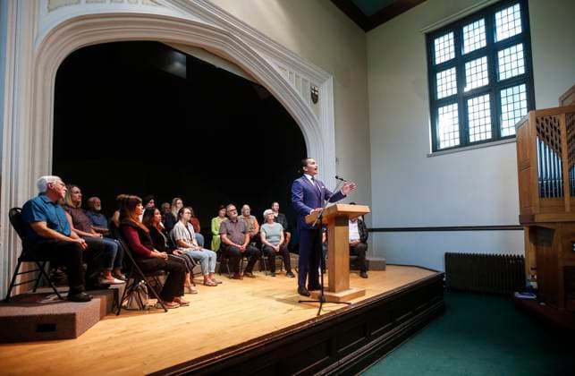 August 16, 2023, WINNIPEG, MANITOBA, CANADA: Wab Kinew, leader of the Manitoba NDP, speaks to party faithful at an event at the Canadian Mennonite University in Winnipeg on Wednesday, August 16, 2023. WINNIPEG CANADA  - ZUMAc35_ 20230816_zaf_c35_058 Copyright: xJohnxWoodsx