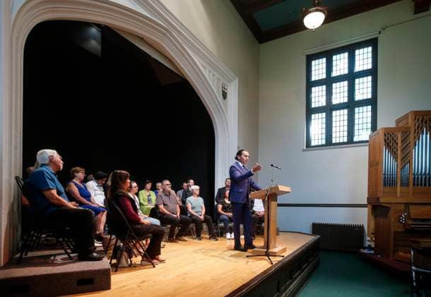 August 16, 2023, WINNIPEG, MANITOBA, CANADA: Wab Kinew, leader of the Manitoba NDP, speaks to party faithful during an event at the Canadian Mennonite University in Winnipeg on Wednesday, August 16, 2023. WINNIPEG CANADA  - ZUMAc35_ 20230816_zaf_c35_060 Copyright: xJohnxWoodsx