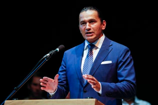 August 16, 2023, WINNIPEG, MANITOBA, CANADA: Wab Kinew, leader of the Manitoba NDP, speaks to party faithful during an event at the Canadian Mennonite University in Winnipeg on Wednesday, August 16, 2023. WINNIPEG CANADA  - ZUMAc35_ 20230816_zaf_c35_066 Copyright: xJohnxWoodsx