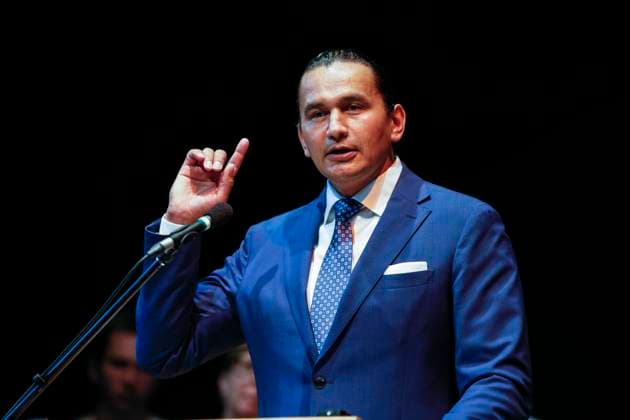August 16, 2023, WINNIPEG, MANITOBA, CANADA: Wab Kinew, leader of the Manitoba NDP, speaks to party faithful during an event at the Canadian Mennonite University in Winnipeg on Wednesday, August 16, 2023. WINNIPEG CANADA  - ZUMAc35_ 20230816_zaf_c35_067 Copyright: xJohnxWoodsx