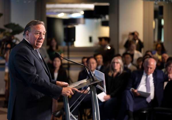 August 17, 2023, BECANCOUR, PQ, Canada: Quebec Premier Francois Legault announces the construction of a new Ford manufacturing plant in Becancour, Que., Thursday, Aug.17, 2023. BECANCOUR Canada  - ZUMAc35_ 20230817_zaf_c35_006 Copyright: xChristinnexMuschix