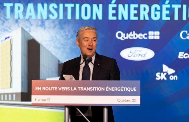 August 17, 2023, BECANCOUR, PQ, Canada: Minister of Innovation, Science and Industry Francois-Philippe Champagne, speaks as they announce the construction of a new Ford manufacturing plant in Becancour, Que., Thursday, Aug.17, 2023. BECANCOUR Canada - ZUMAc35_ 20230817_zaf_c35_026 Copyright: xChristinnexMuschix