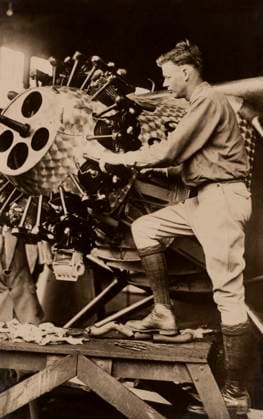 December 13, 2018, USA: Charles Lindbergh working on engine of his airplane Spirit of St. Louis, Underwood & Underwood, 1927 USA - ZUMAg145 20181213_zap_g145_006 Copyright: xJTxVintagex
