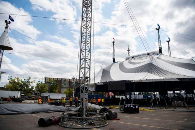 August 19, 2023, Calgary, Alberta, Canada: Cirque du Soleil and local contractors put up the big tent for the Cirque du Soleil KOOZA show in Calgary for the first time since 2019. Calgary Canada - ZUMAr123 20230819_zap_r123_022 Copyright: xBadenxRothx