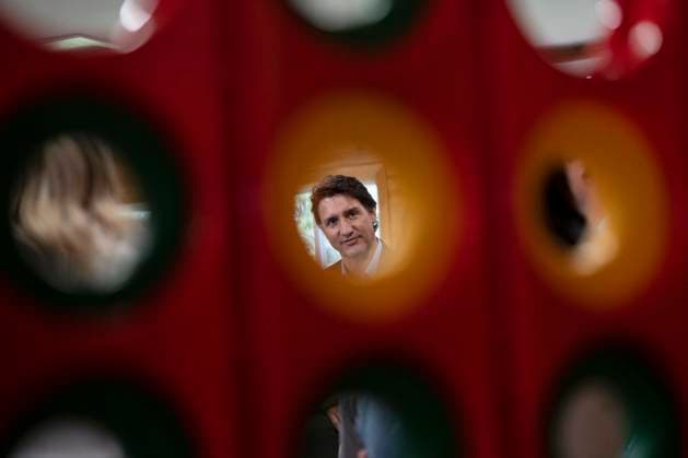 August 21, 2023, Cornwall, PEI, Canada: Prime Minister Justin Trudeau is seen through a child s toy prior to an announcement at the Island Montessori Academy in Cornwall, P.E.I., Monday, Aug. 21, 2023. Cornwall Canada  - ZUMAc35_ 20230821_zaf_c35_030 Copyright: xDarrenxCalabresex