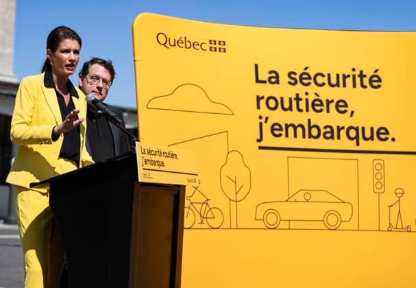News Bilder des Tages August 22, 2023, MONTREAL, PQ, Canada: Deputy Premier and Minister of Transport and Sustainable Mobility Genevieve Guilbault, left and Quebec Education Minister Bernard Drainville, answer questions from the media during a press conference about new road safety measures, in Montreal, Tuesday, Aug. 22, 2023. MONTREAL Canada - ZUMAc35_ 20230822_zaf_c35_025 Copyright: xChristinnexMuschix