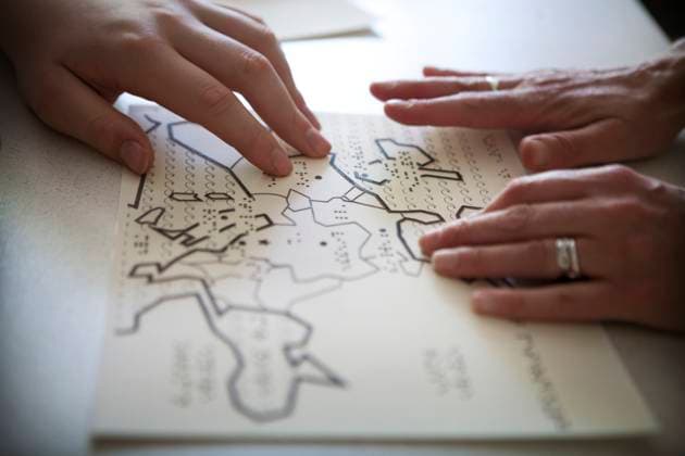 Blind rehabilitation A blind or deficient pupil revises the maps in relief to pass the secondary school certificate. Copyright: xAMELIE-BENOISTx xIMAGExPOINTxFRx xBSIPx 016220_190 Bsip_016220_190 model release