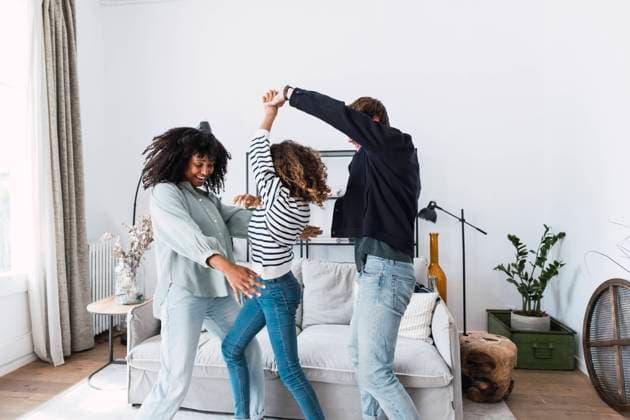 Happy family havin fun dancing together in the living room model released, Symbolfoto property released, PNAF05621