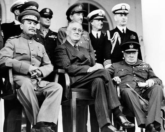 Soviet General Secretary Josef Stalin, U.S. President Franklin Roosevelt, British Prime Minister Winston Churchill, on porch of Russian Embassy during Tehran Conference, Tehran, Iran, U.S. Army Signal Corps, December 1943  Copyright: xCircaxImagesx ghi-circa11763