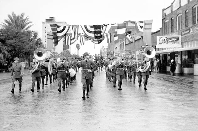 Marching Band, Charro Days Fiesta Parade, Brownsville, Texas, USA, Arthur Rothstein, U.S. Farm Security Administration, February 1942  Copyright: xCircaxImagesx ghi-circa11891
