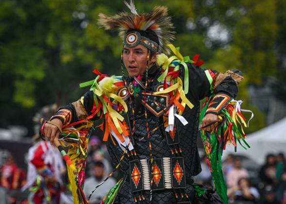 2Spirit Powwow Opens Edmonton Pride 2023 EDMONTON, CANADA - AUGUST 24, 2023: Men s Fancy Dancer during the Beaver Hills 2Spirit Powwow in Edmonton s Churchill Square on the opening day of the Edmonton Pride Festival, on August 24, 2023, in Edmonton, Alberta, Canada. Edmonton Canada  Copyright: xArturxWidakx originalFilename: widak-2spiritp230824_nplMZ.jpg