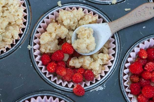 Erdbeer-Crumble in Muffinfoermchen mit selbst gesammelten Walderbeeren selfmade wild strawberry crumbles BLWS693272 *** Strawberry crumble in Muffinfoermchen with Self collected Wild berries selfmade Wild Strawberry crumbles BLWS693272 Copyright: xblickwinkel F.xHeckerx