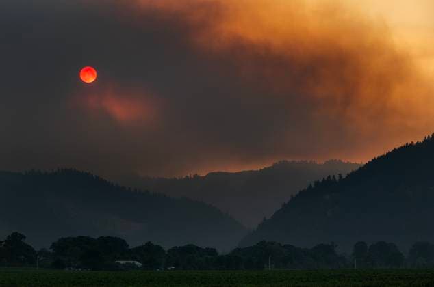 Bilder des Jahres 2023, News 08 August News Themen der Woche KW34 August 26, 2023, Umpqua, Oregon, USA: Heavy smoke from the southwest Oregon Cougar Creek Rattlesnake Ridge fire nearly blots out the setting sun in the mountains above vineyards and farms. The lightning caused fire has burned 1000 acres. Level three Ã¢â‚¬ËœGo NowÃ¢â‚¬â ¢ evacuations have been ordered for residents in rural areas in the zone of potential fire growth. Umpqua USA - ZUMAl31_ 20230826_zaf_l31_001 Copyright: xRobinxLoznakx