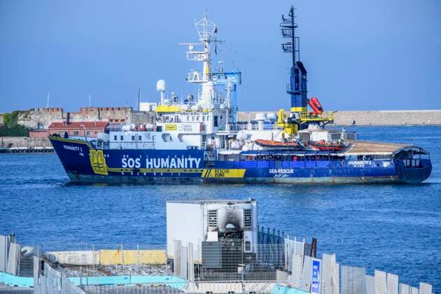 August 27, 2023, Livorno, Italy: The Humanity 1 ship, carrying 57 migrants rescued off the Libyan coast, during docking maneuvers in the port of Livorno.The ship Humanity 1, of the German NGOs United 4 Rescue and SOS Humanity, had to travel more than 1,000 kilometers in order to arrive at the safe port assigned by the Italian Ministry of the Interior. Since the entry into force of the NGO Decree , the ports of disembarkation assigned to NGO ships have begun to be increasingly distant from the rescue zones. Livorno Italy - ZUMAv147 20230827_zip_v147_004 Copyright: xMarcelloxValerix