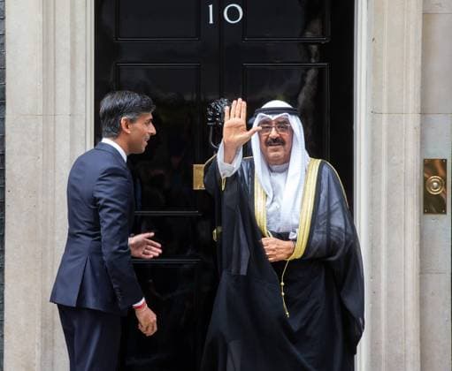 August 29, 2023, London, England, United Kingdom: UK Prime Minister RISHI SUNAK Welcomes Crown Prince of Kuwait SHEIKH MESHAL AL-AHMAD AL-JABER AL-SABAH to 10 Downing Street. London United Kingdom - ZUMAs262 20230829_zip_s262_091 Copyright: xTayfunxSalcix
