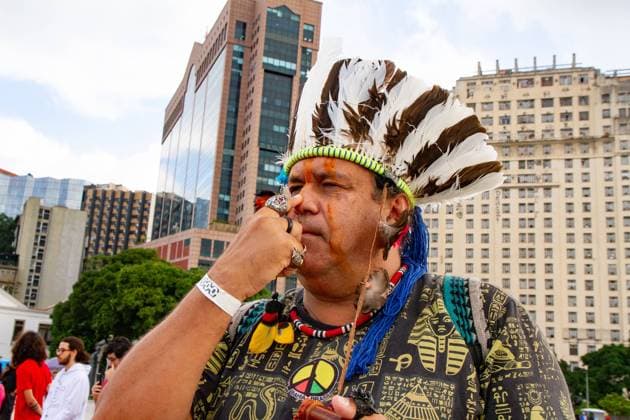 RECORD DATE NOT STATED Protest Against Temporal Framework By Brazilian Indigenous People. (INT) Protest Against Temporal Framework By Brazilian Indigenous People. August 30, 2023, Rio de Janeiro, Brazil: The Brazilian Federal Supreme Court (STF) resumes the judgment of the timeframe of indigenous lands, after almost three months of interruption. Indigenous peoples from all over Brazil staged an act against Temporal Framework and a group of indigenous people gathered in Praca Maua, downtown Rio de Janeiro, in front of the Museum of Tomorrow to protest against the time frame. Credit: Erica Martin Thenews2 (Foto: Erica Martin Thenews2 imago images) Protest Against Temporal Framework By Brazilian Indigenous People.  Copyright: xEricaxMartinx