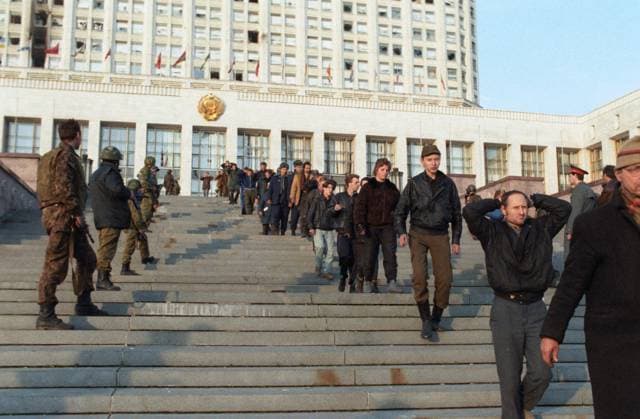 Moscow, Russia. Supporters of the Supreme Soviet of the Russian Federation leave the House of Soviets after troops loyal to the president stormed the building within a standoff between the Supreme Soviet of the Russian Federation and Russian President Boris Yeltsin. Oleg Vlasov TASS  1166332