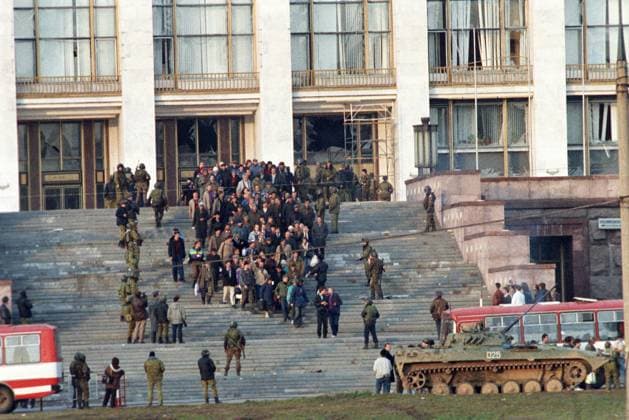 Moscow, Russia. Supporters of the Supreme Soviet of the Russian Federation leave the House of Soviets after troops loyal to the president stormed the building within a standoff between the Supreme Soviet of the Russian Federation and Russian President Boris Yeltsin. Valery Khristoforov TASS  4662223