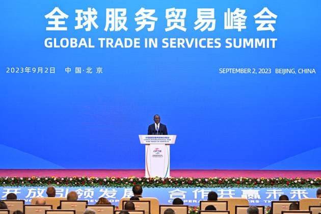 (230902) -- BEIJING, Sept. 2, 2023 -- Beninese President Patrice Athanase Guillaume Talon addresses the Global Trade in Services Summit of the 2023 China International Fair for Trade in Services (CIFTIS) in Beijing, capital of China, Sept. 2, 2023. ) CHINA-BEIJING-CIFTIS-SUMMIT (CN) LixXin 