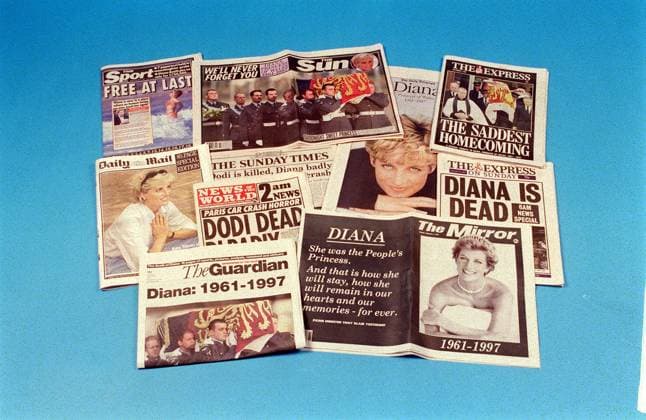NATIONAL NEWSPAPER HEADLINES REPORTING THE DEATH OF DIANA, PRINCESS OF WALES The front pages of some national newspapers of Sunday, 31st August and Monday, 1st September 1997, reporting the sudden death of Diana, Princess of Wales in a car crash. COMPUL NATIONAL NEWSPAPER HEADLINES REPORTING THE DEATH OF DIANA, PRINCESS OF WALES The front pages of some national newspapers of Sunday, 31st August and Monday, 1st September 1997, reporting the sudden death of Diana, Princess of Wales in a car crash. COMPULSORY CREDIT: UPPA Photoshot Photo UCA 013670 A-15 01.09.1997, Credit:Photoshot Avalon United Kingdom  Copyright: xPhotoshotx xAvalonx 0502965097