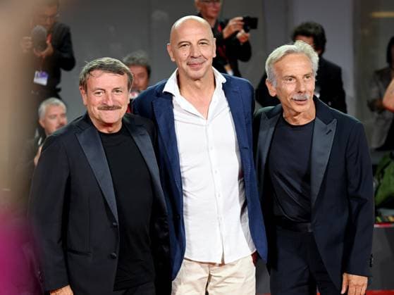Venice, 80th Venice Film Festival 2023 - Evening 5 - red carpet Filming Italy. In the photo Giacomo Poretti, Aldo Baglio, Giovanni Storti  Copyright: xManuelexMangiarottix xipa-agencyx xPoolxPhotoxEventsx02x IPA_IPA40045303