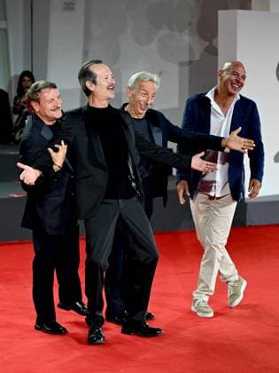 Venice, 80th Venice Film Festival 2023 - Evening 5 - red carpet Filming Italy. In the photo Giacomo Poretti, Aldo Baglio, Giovanni Storti with Rocco Papaleo  Copyright: xManuelexMangiarottix xipa-agencyx xPoolxPhotoxEventsx02x IPA_IPA40045326