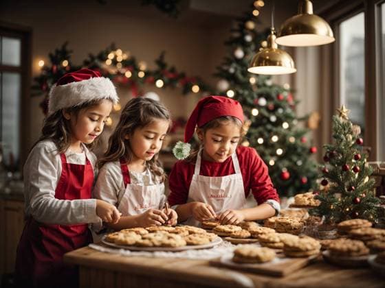 Weihnachtsbäckerei. Kinder stehen in einer festlich geschmückten Backstube und backen Plätzchen. Symbolbild. Mit KI generiert *** Christmas bakery Children stand in a festively decorated bakery and bake cookies Symbol Image Generated with KI